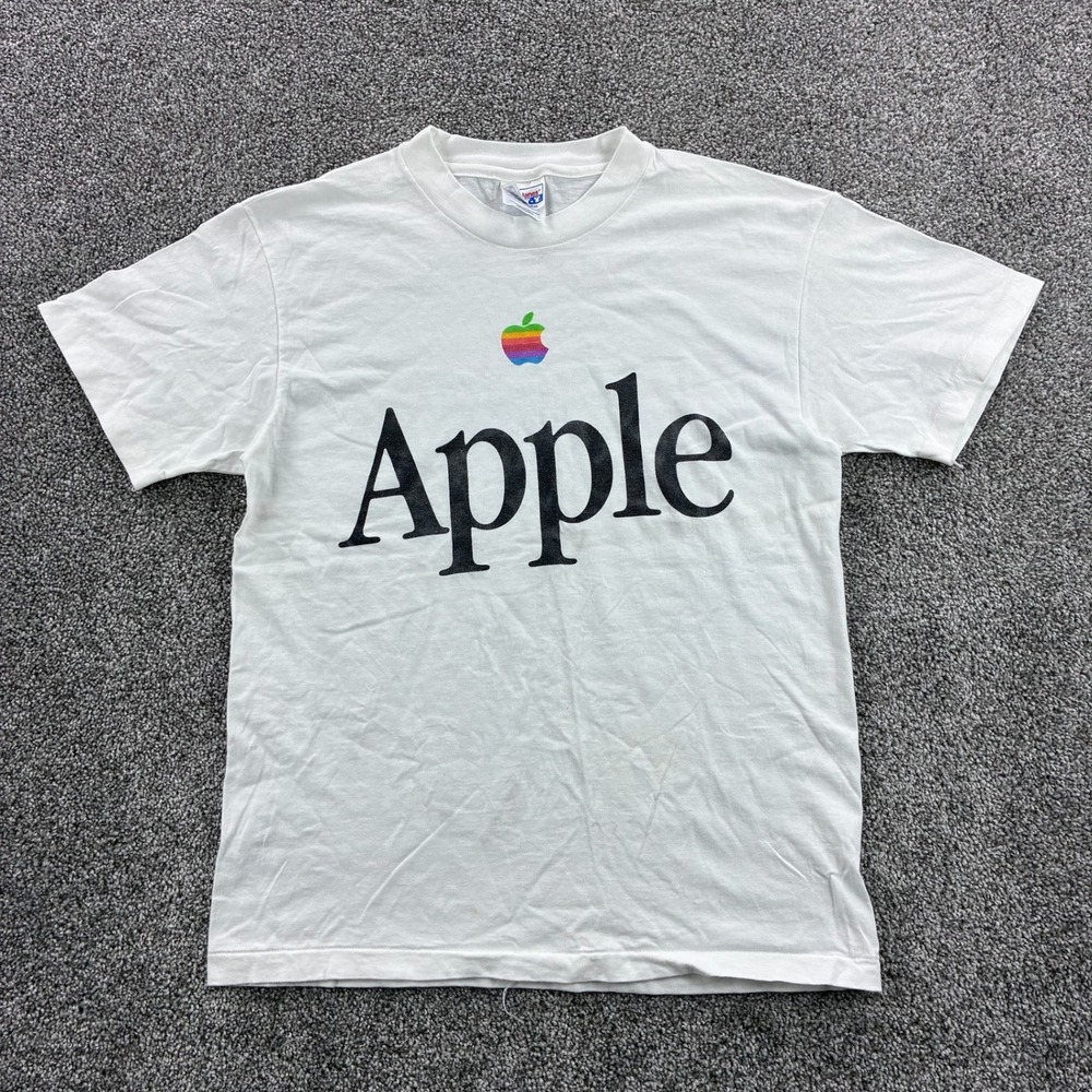 Vintage Apple Shirt Mens Medium White Rainbow Logo Computer Tech Steve Jobs